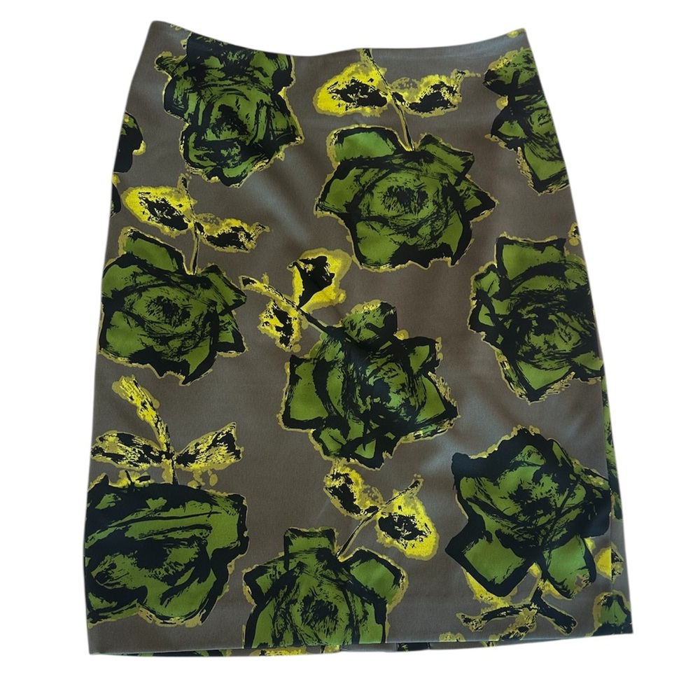 mac & jac Floral Print Pencil Skirt Grey with Green Black Yellow Print Size 6